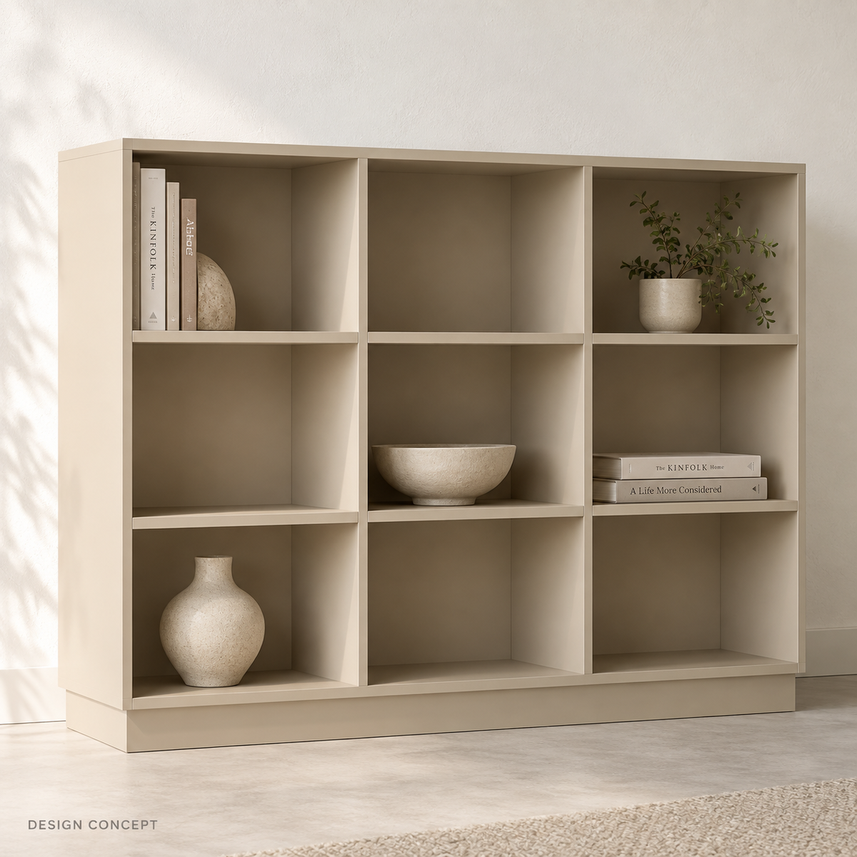 AI design concept of a clay-beige panel bookcase with nine open cubbies