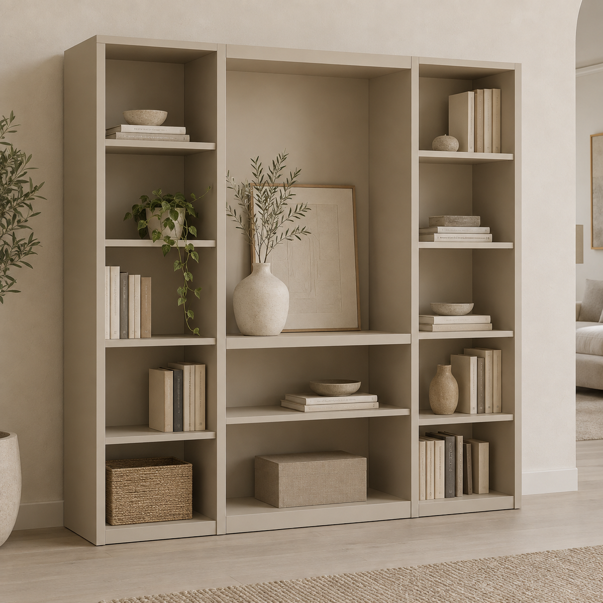AI design concept: Clay Display-Pocket Bookcase, engineered-panel bookcase