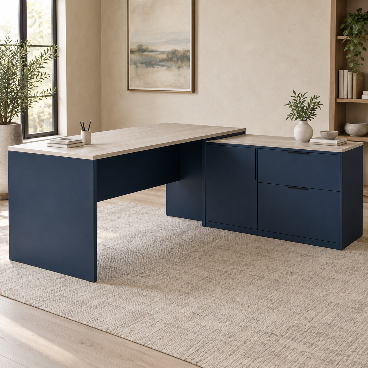AI design concept: Navy Storage Return Desk, engineered-panel desk