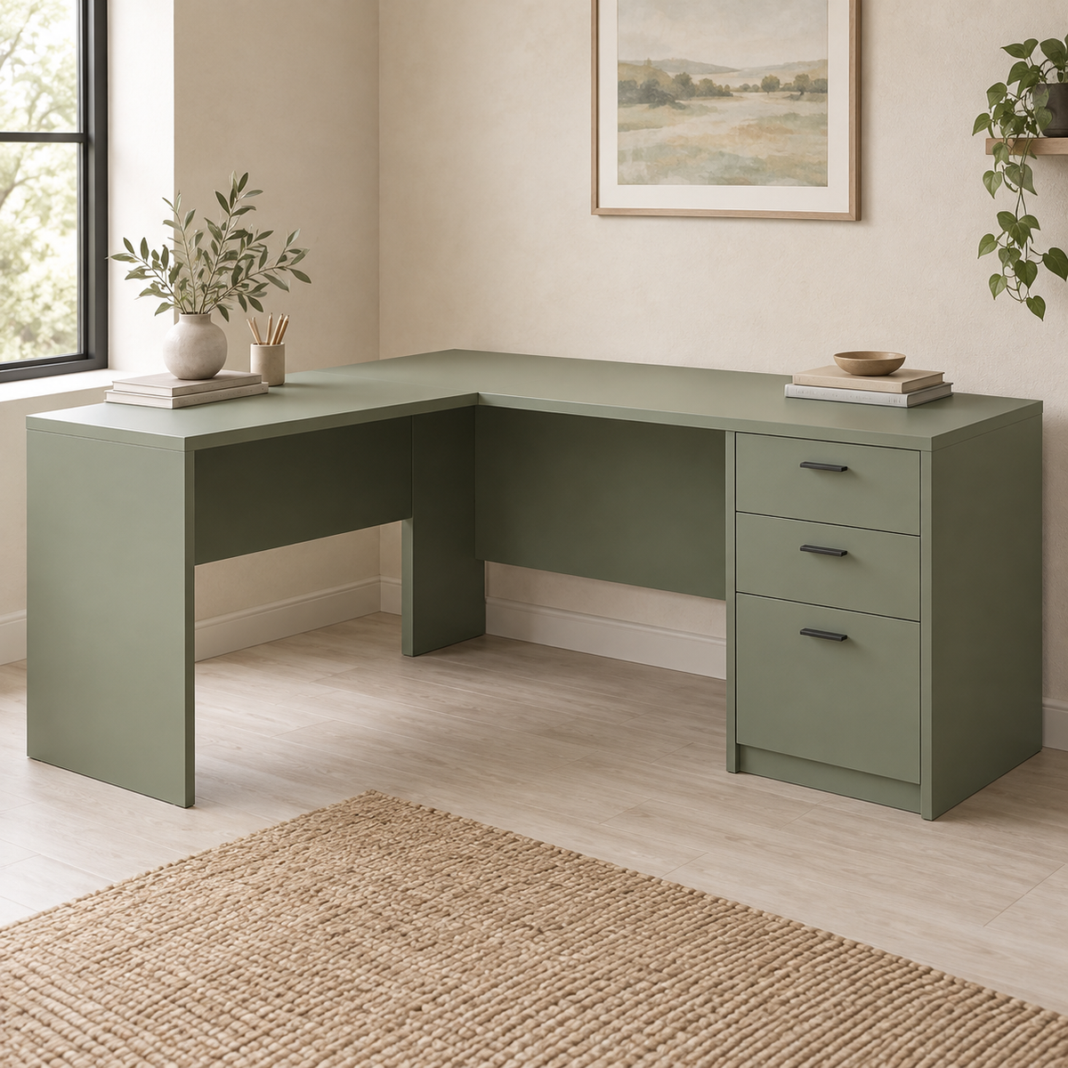 AI design concept: Sage Corner Desk, engineered-panel desk