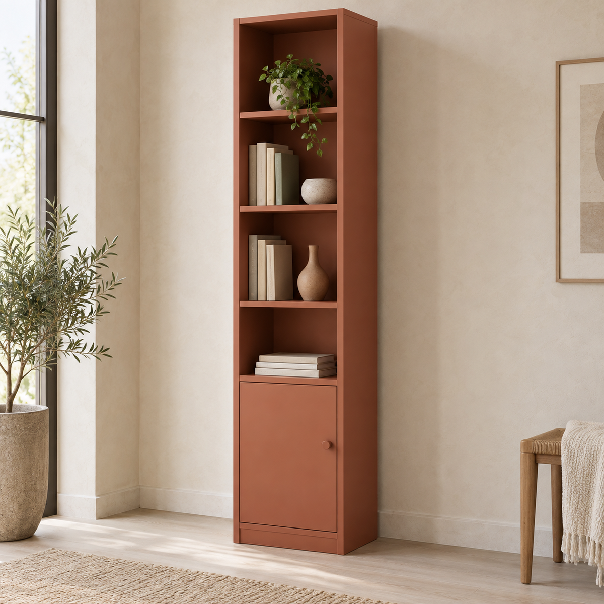 AI design concept: Terracotta Narrow Library, engineered-panel bookcase