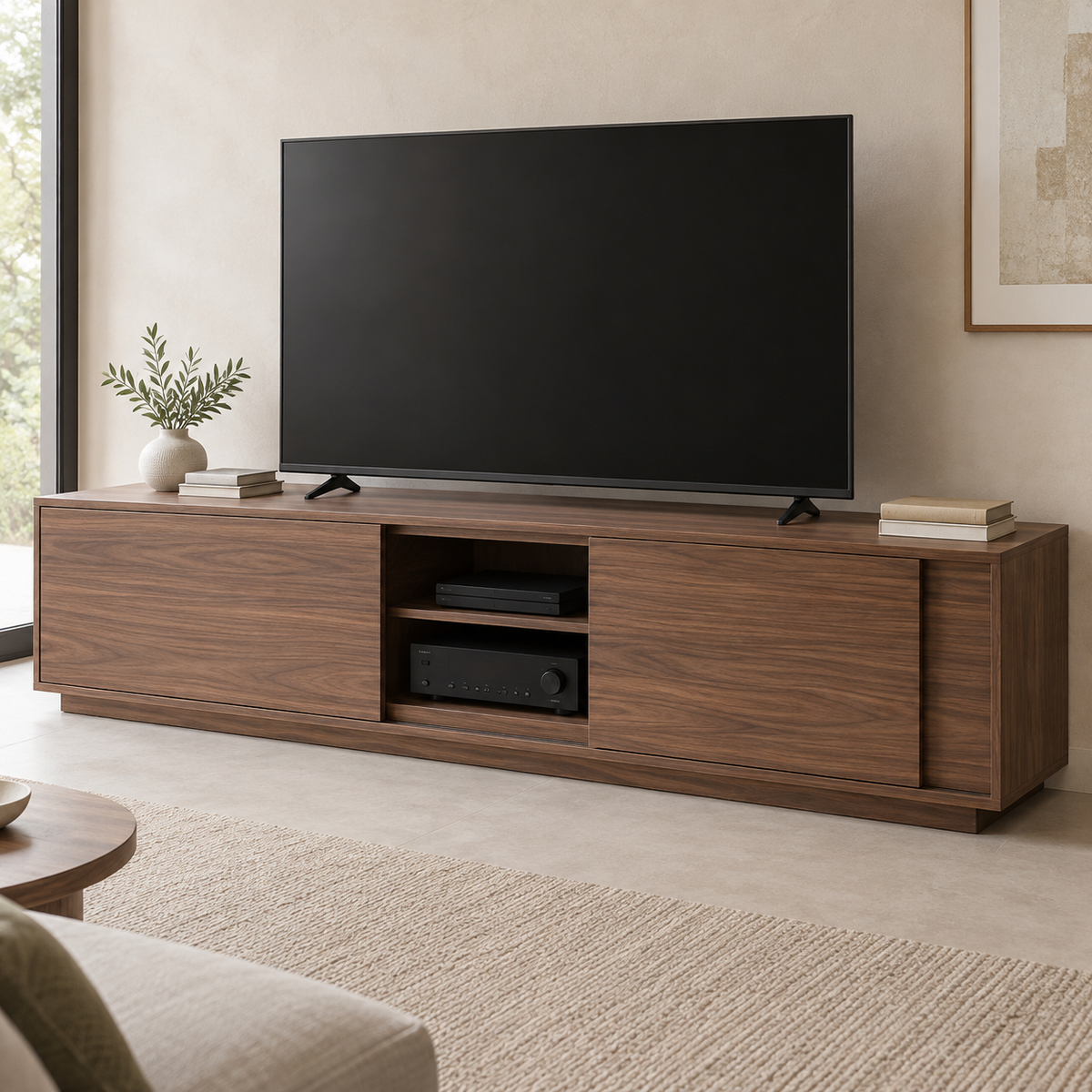 AI design concept: Walnut-Look Sliding Media Cabinet, engineered-panel tv cabinet