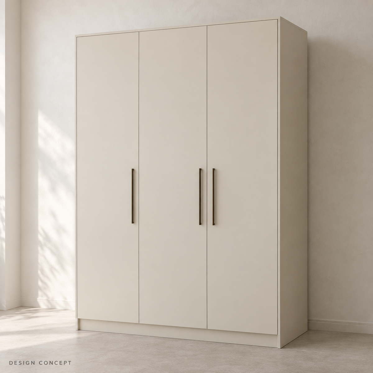 AI design concept of an ivory three-door panel wardrobe with slim handles