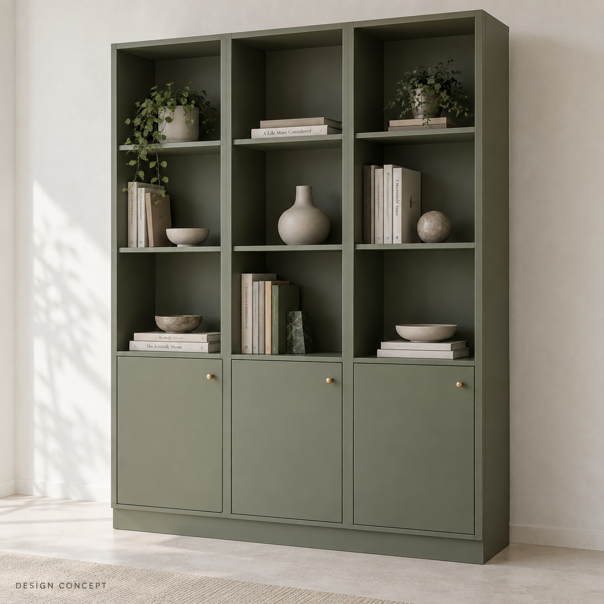 AI concept of an olive panel bookcase with open shelving and lower doors