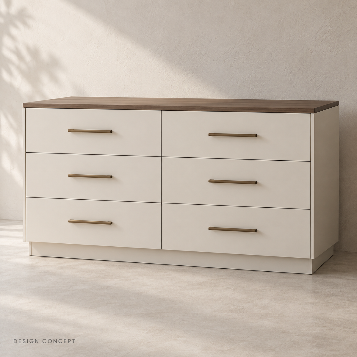 AI concept of an ivory six-drawer dresser with a walnut-look top