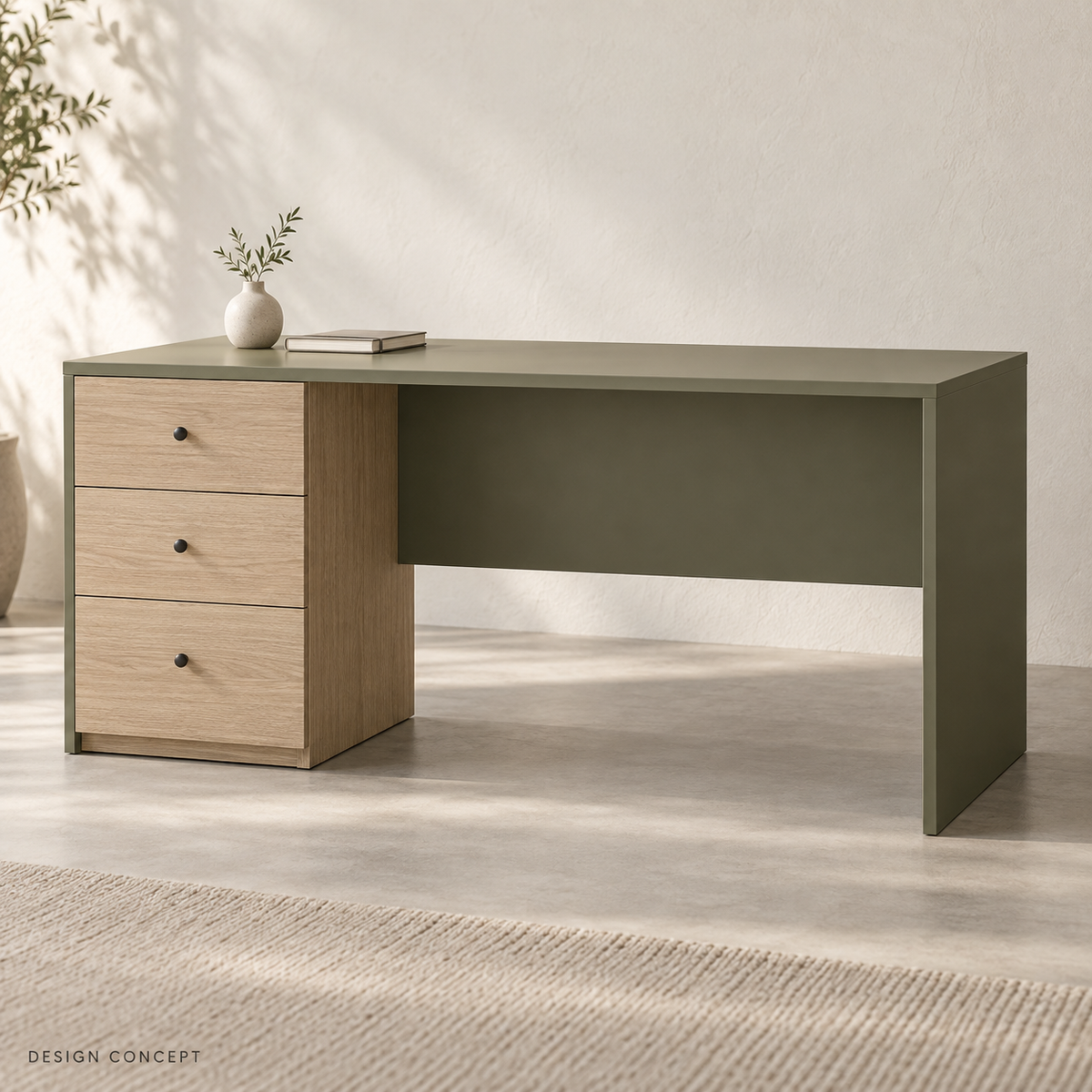 AI concept of an olive desk with three oak-look pedestal drawers