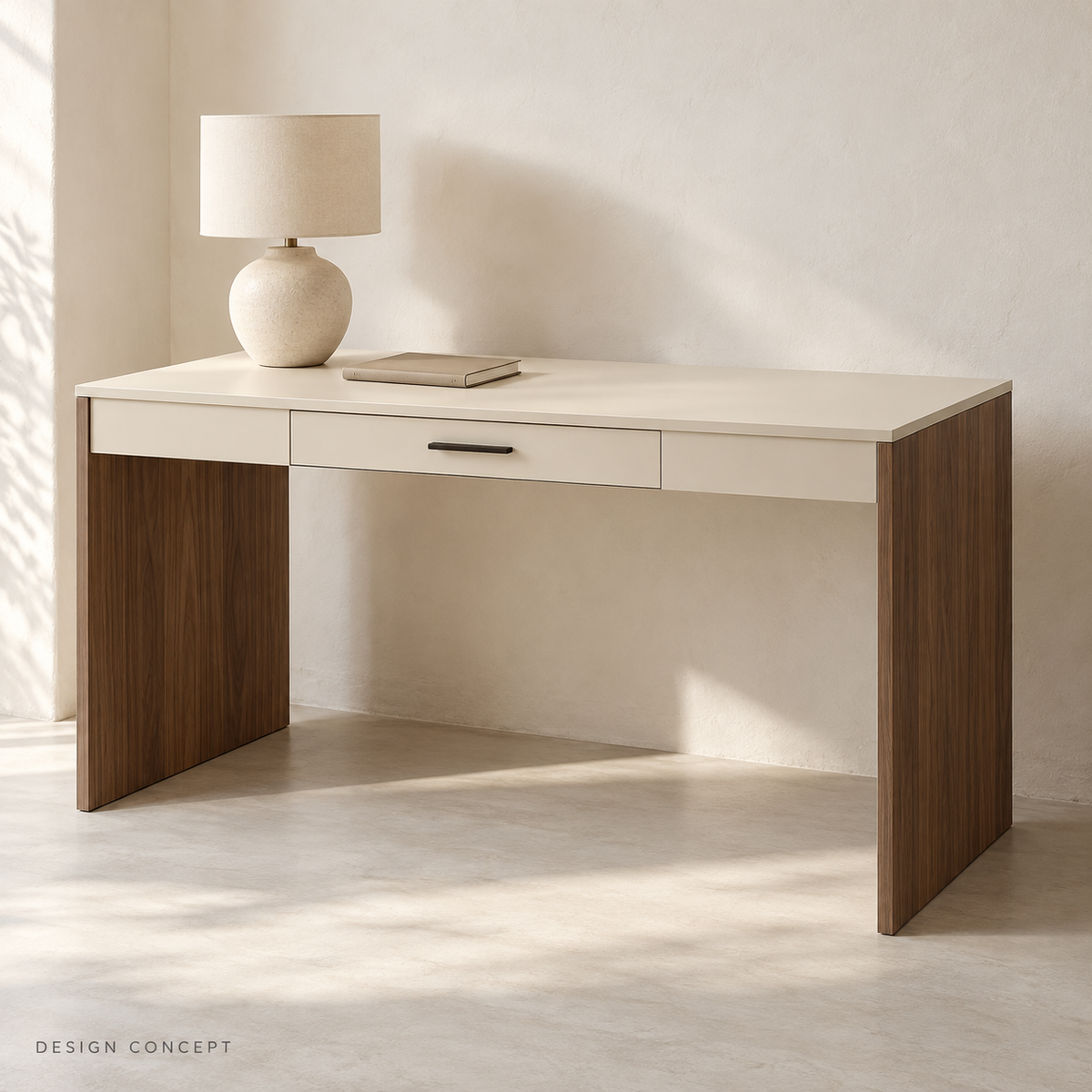AI concept of an ivory writing desk with walnut-look panel sides