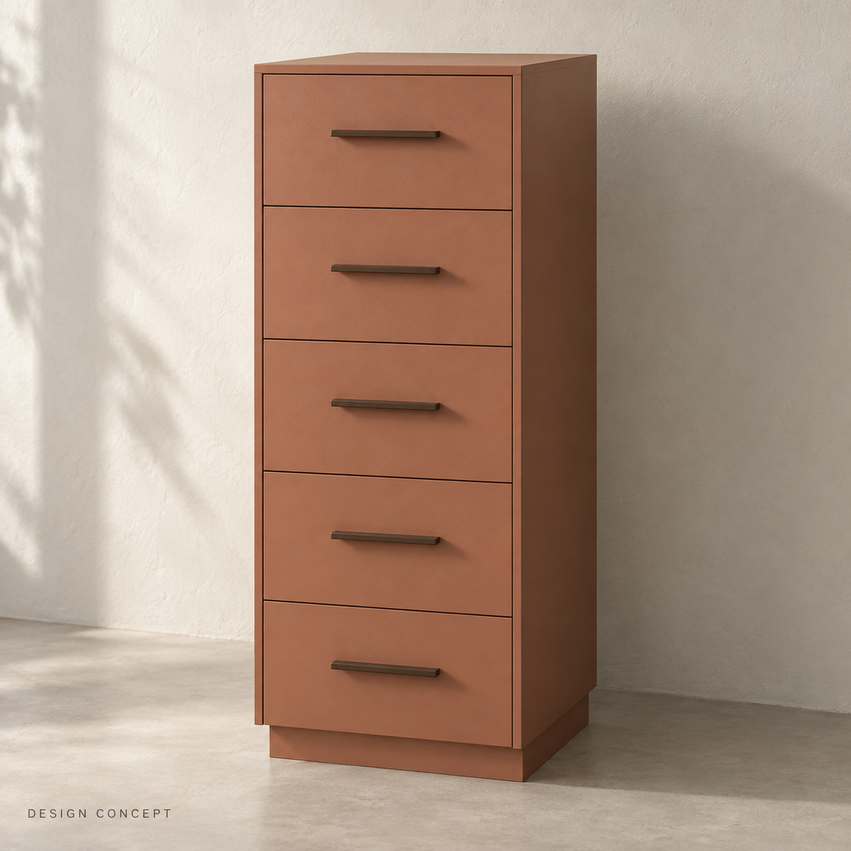AI design concept of a terracotta panel chest with five stacked drawers