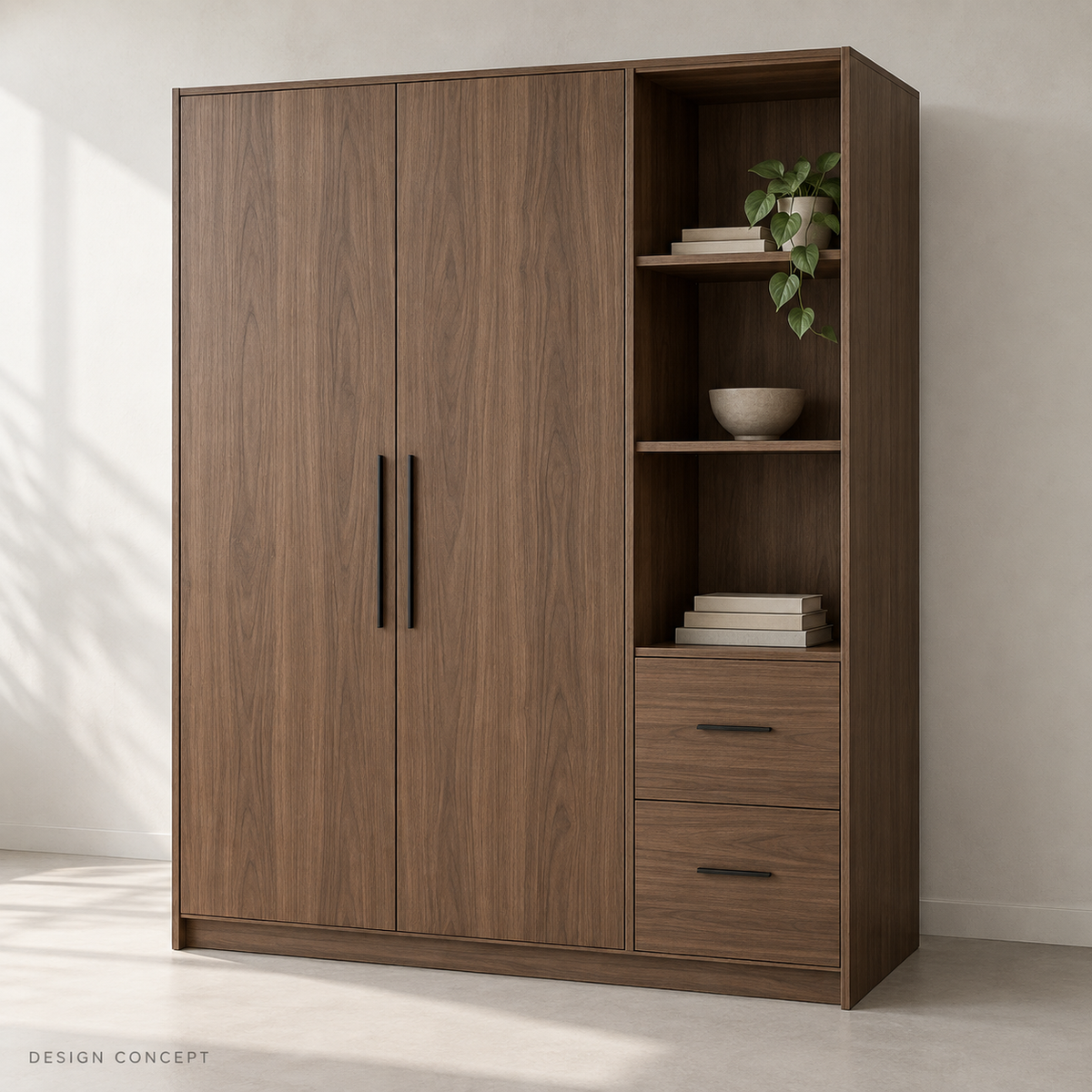 AI concept of a walnut-look wardrobe with open shelves and two drawers