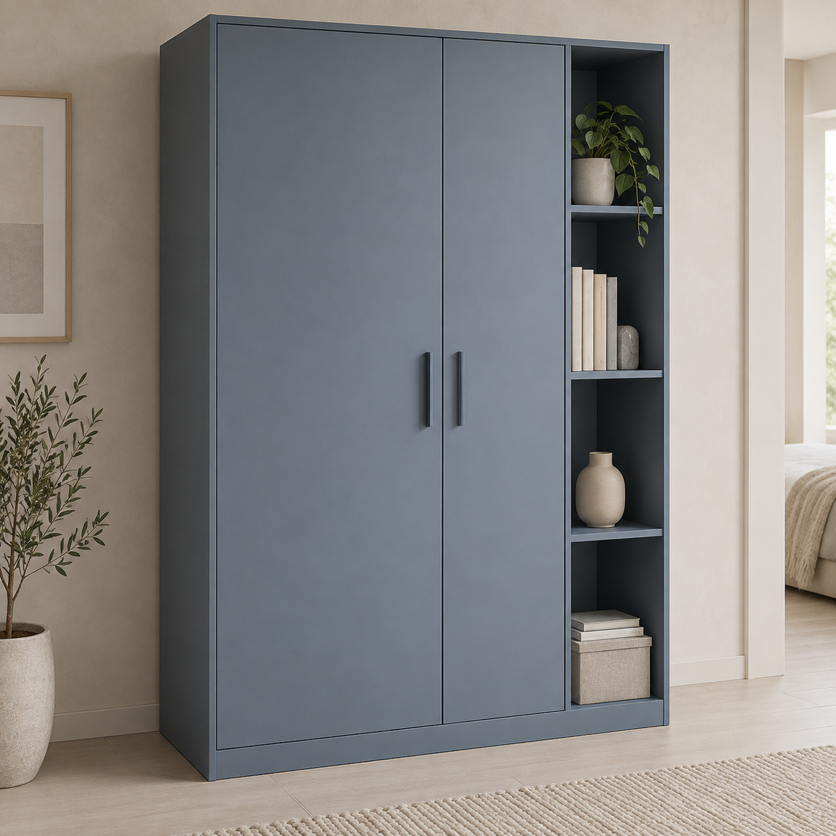 AI design concept: Blue-Grey Asymmetric Wardrobe, engineered-panel wardrobe