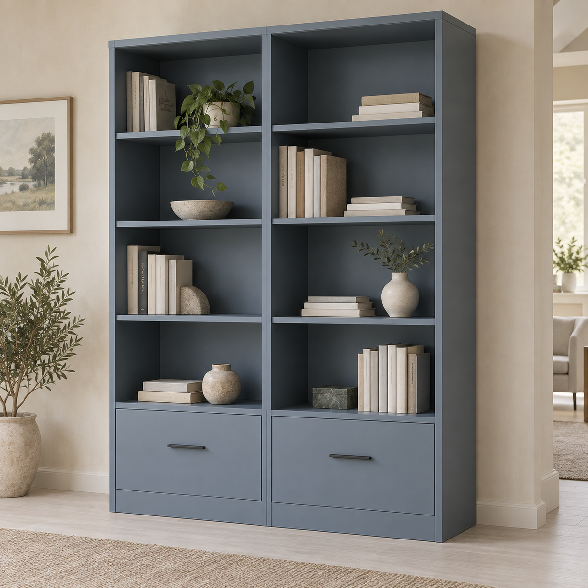 AI design concept: Blue-Grey Drawer Library, engineered-panel bookcase