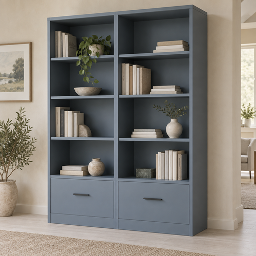 AI design concept: Blue-Grey Drawer Library, engineered-panel bookcase