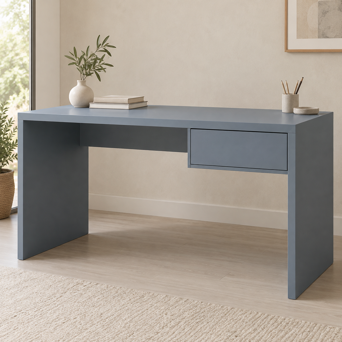 AI design concept: Blue-Grey Floating-Drawer Desk, engineered-panel desk