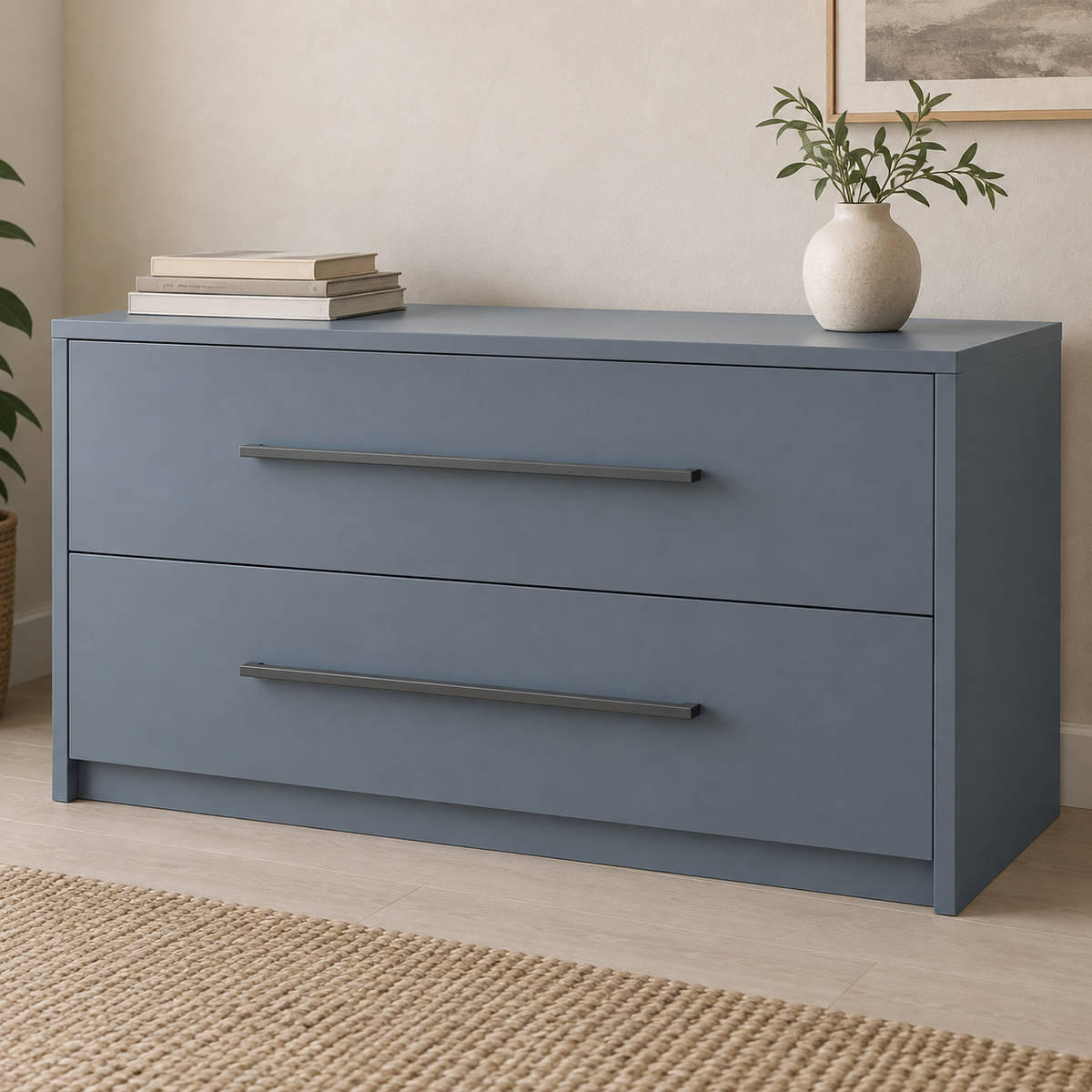 AI design concept: Blue-Grey Two-Drawer Chest, engineered-panel chest of drawers