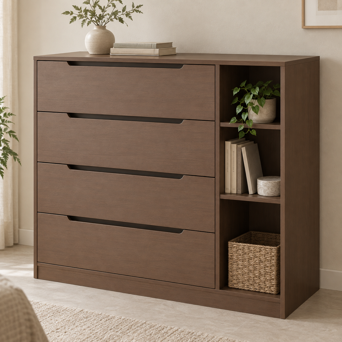 AI design concept: Brown Display-End Dresser, engineered-panel chest of drawers