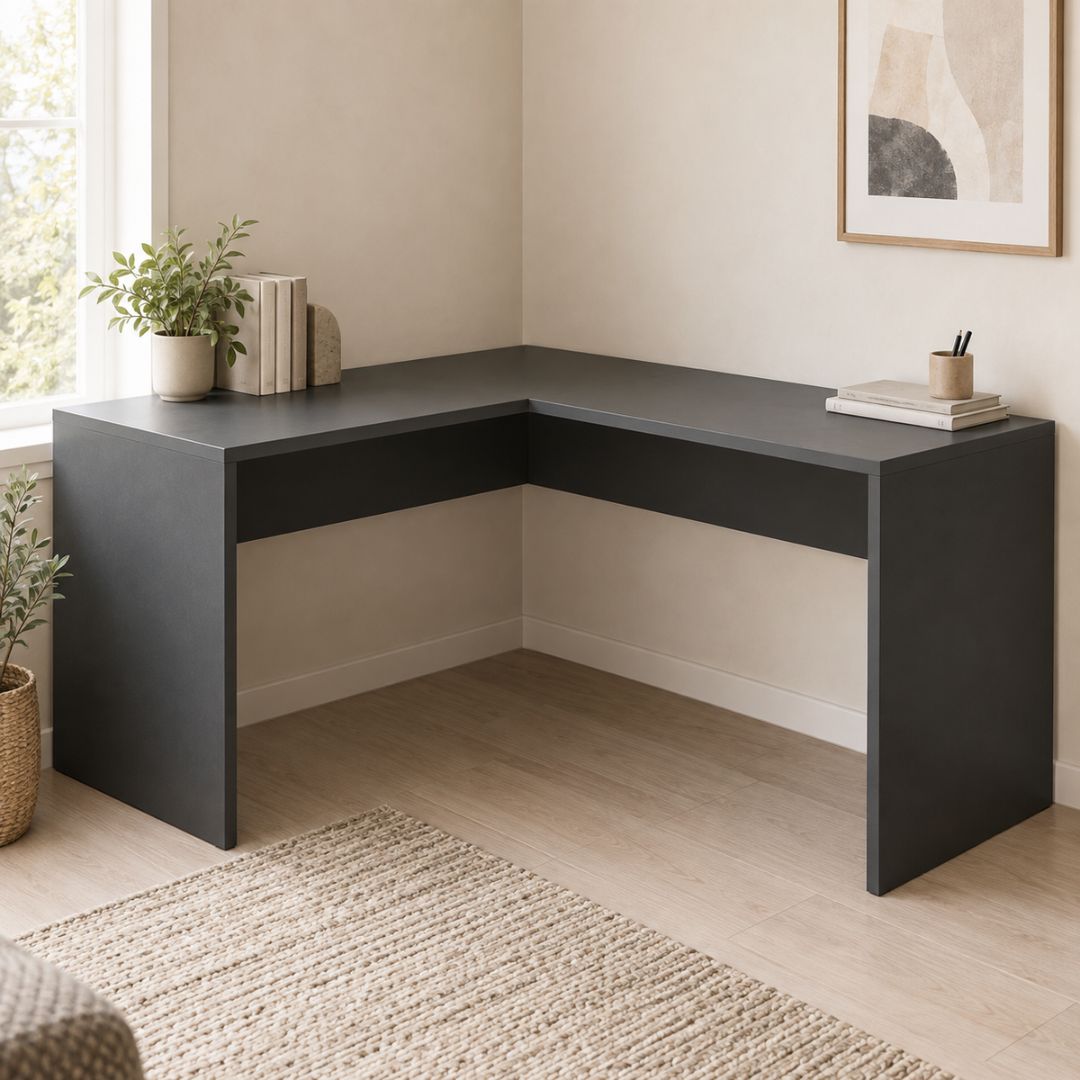 AI design concept: Charcoal Corner Study Nook, engineered-panel desk