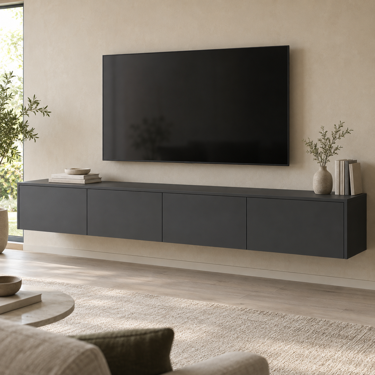 AI design concept: Charcoal Floating Media Cabinet, engineered-panel tv cabinet