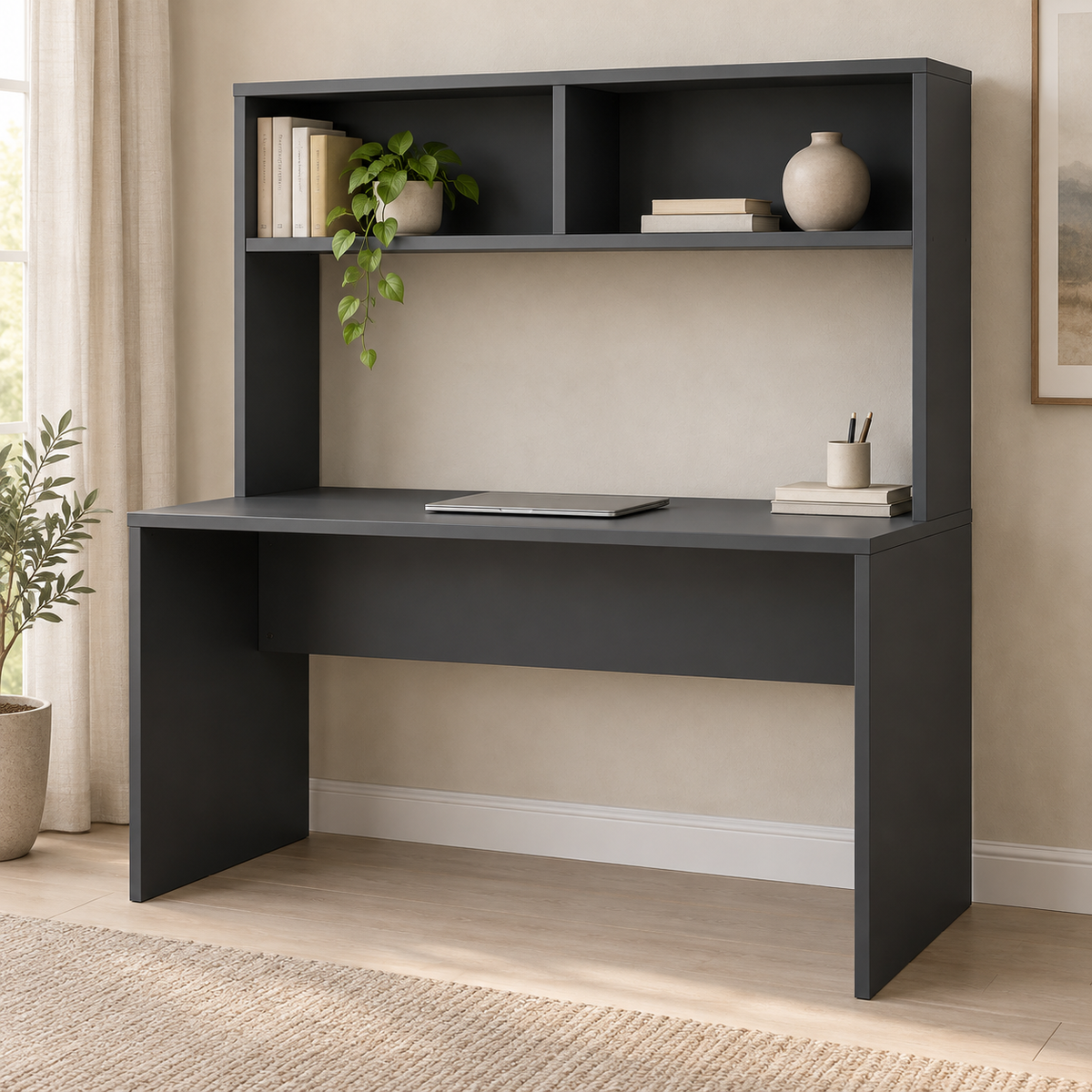 AI design concept: Charcoal Hutch Desk, engineered-panel desk