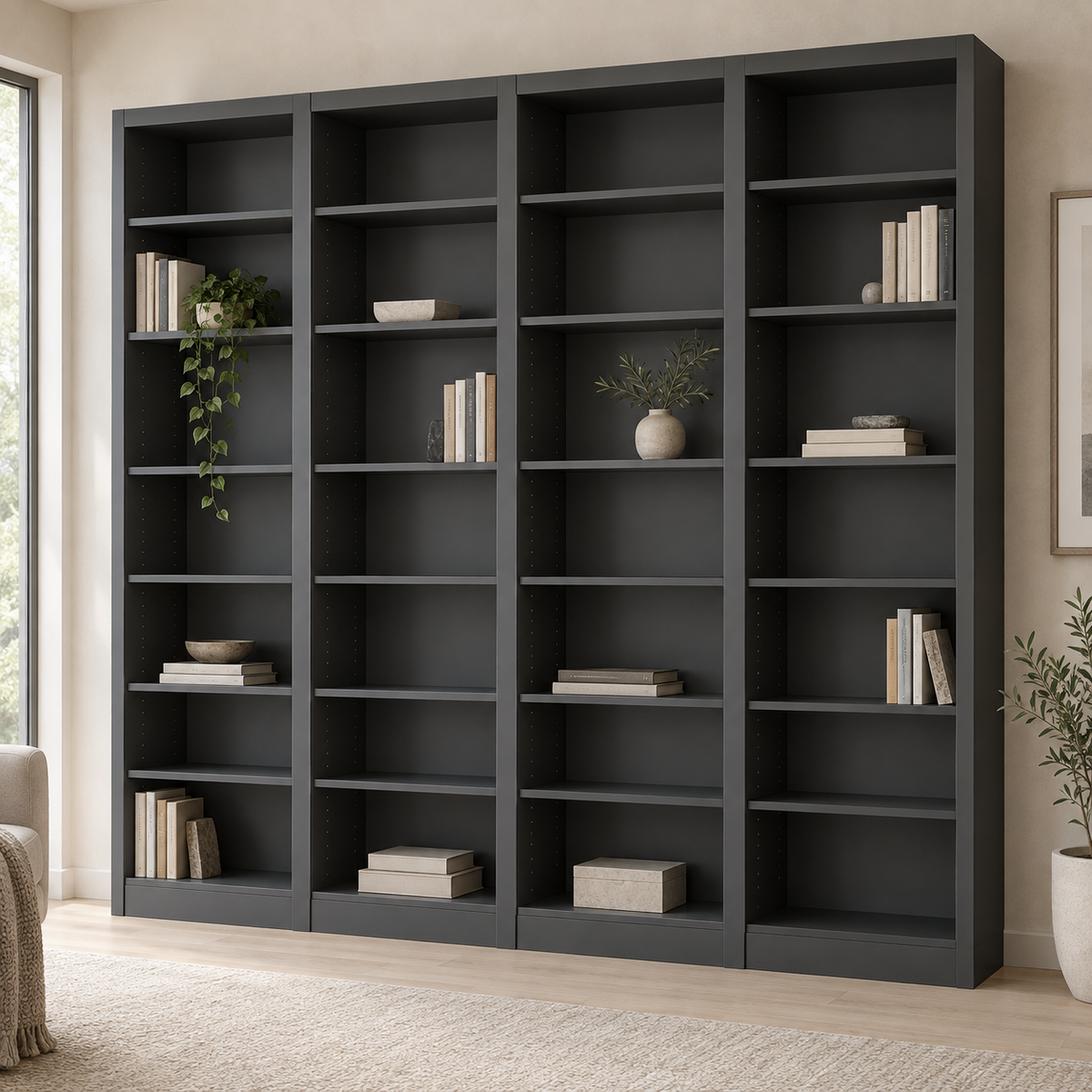 AI design concept: Charcoal Wall Library, engineered-panel bookcase