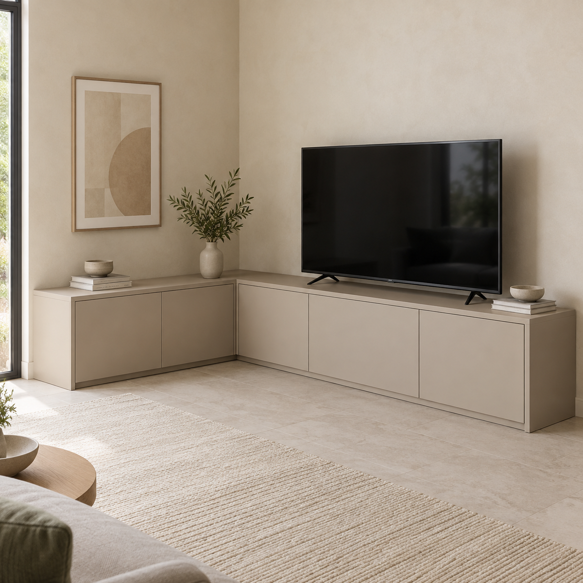 AI design concept: Clay Corner Media Console, engineered-panel tv cabinet