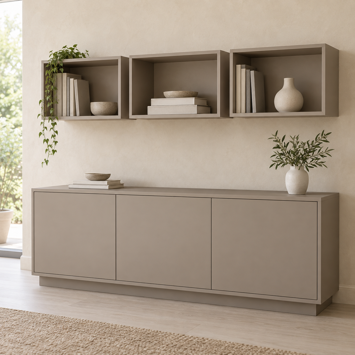 AI design concept: Clay Floating-Shelf Console, engineered-panel bookcase