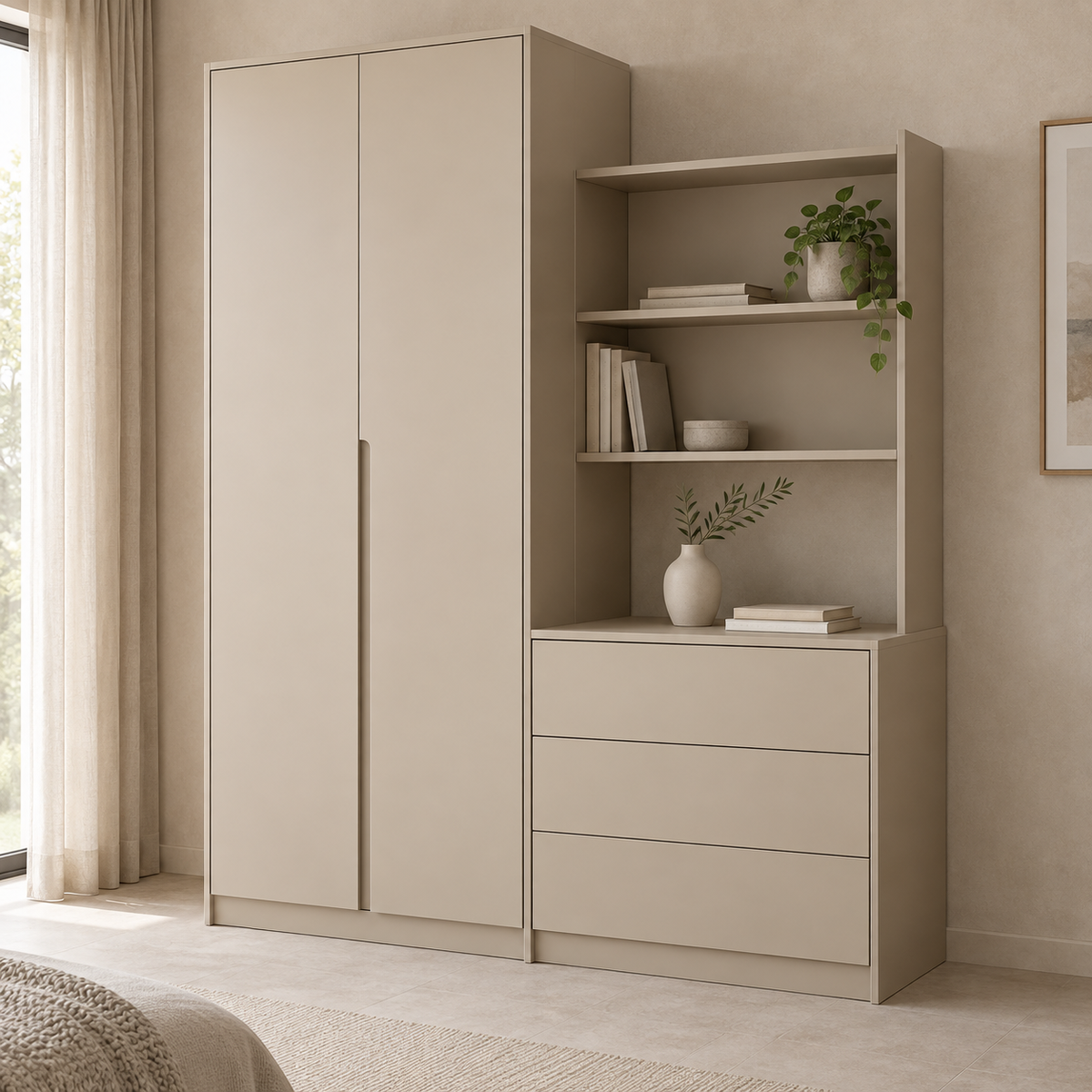AI design concept: Clay Split-Height Wardrobe, engineered-panel wardrobe