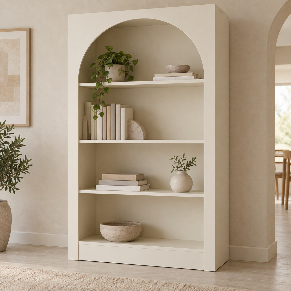 AI design concept: Cream Arch-Panel Bookcase, engineered-panel bookcase