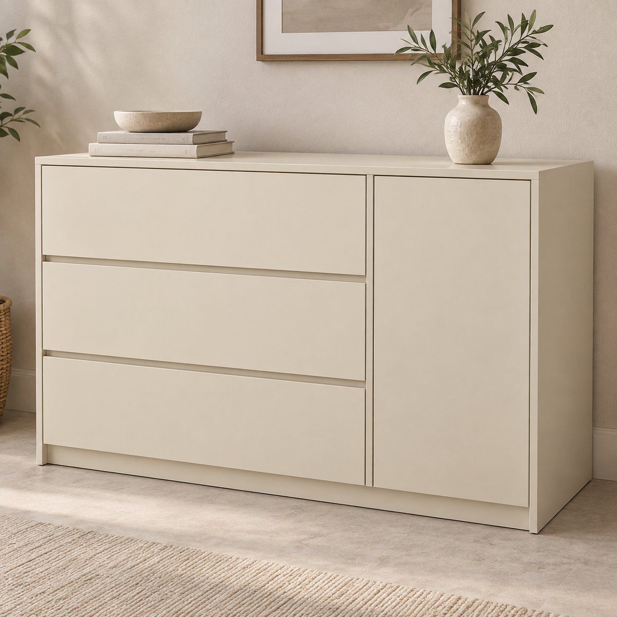 AI design concept: Cream Asymmetric Dresser, engineered-panel chest of drawers