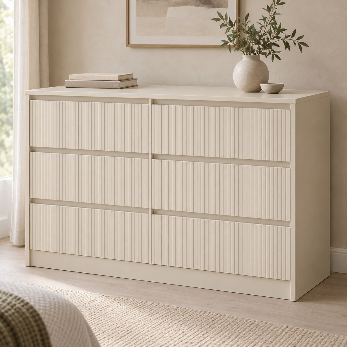 AI design concept: Cream Fluted-Front Dresser, engineered-panel chest of drawers