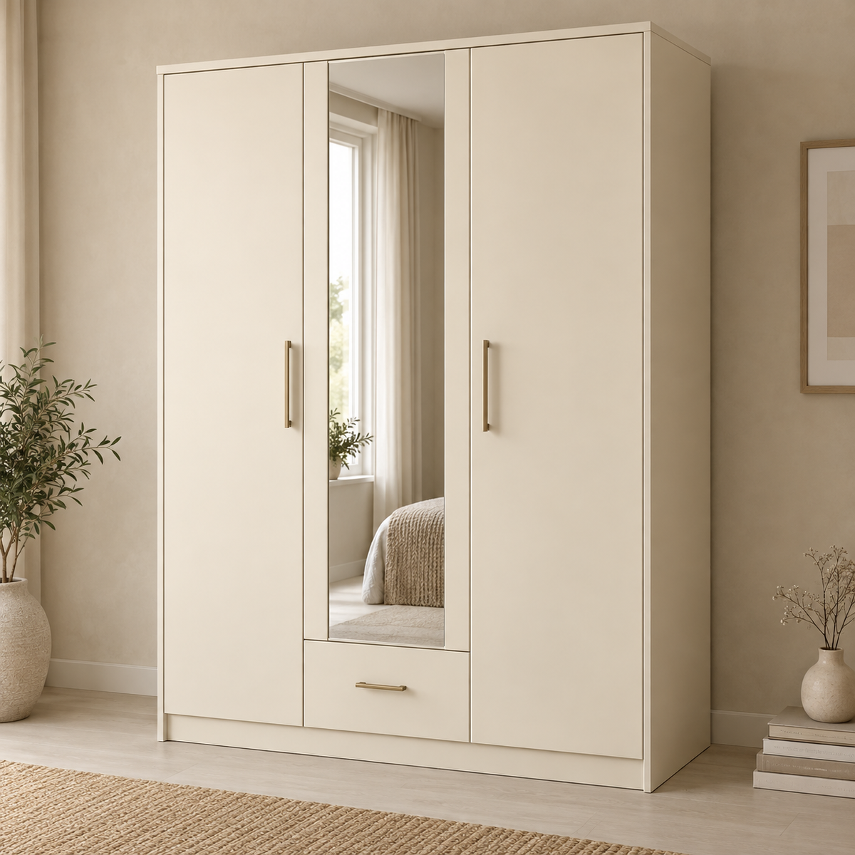 AI design concept: Cream Mirror-Pocket Wardrobe, engineered-panel wardrobe