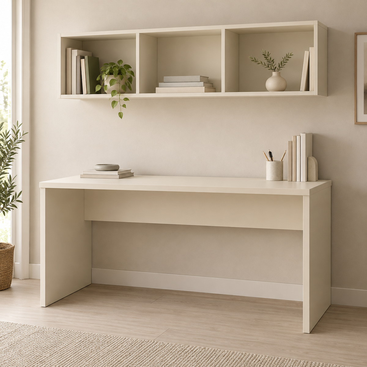 AI design concept: Cream Overhead-Cubby Desk, engineered-panel desk