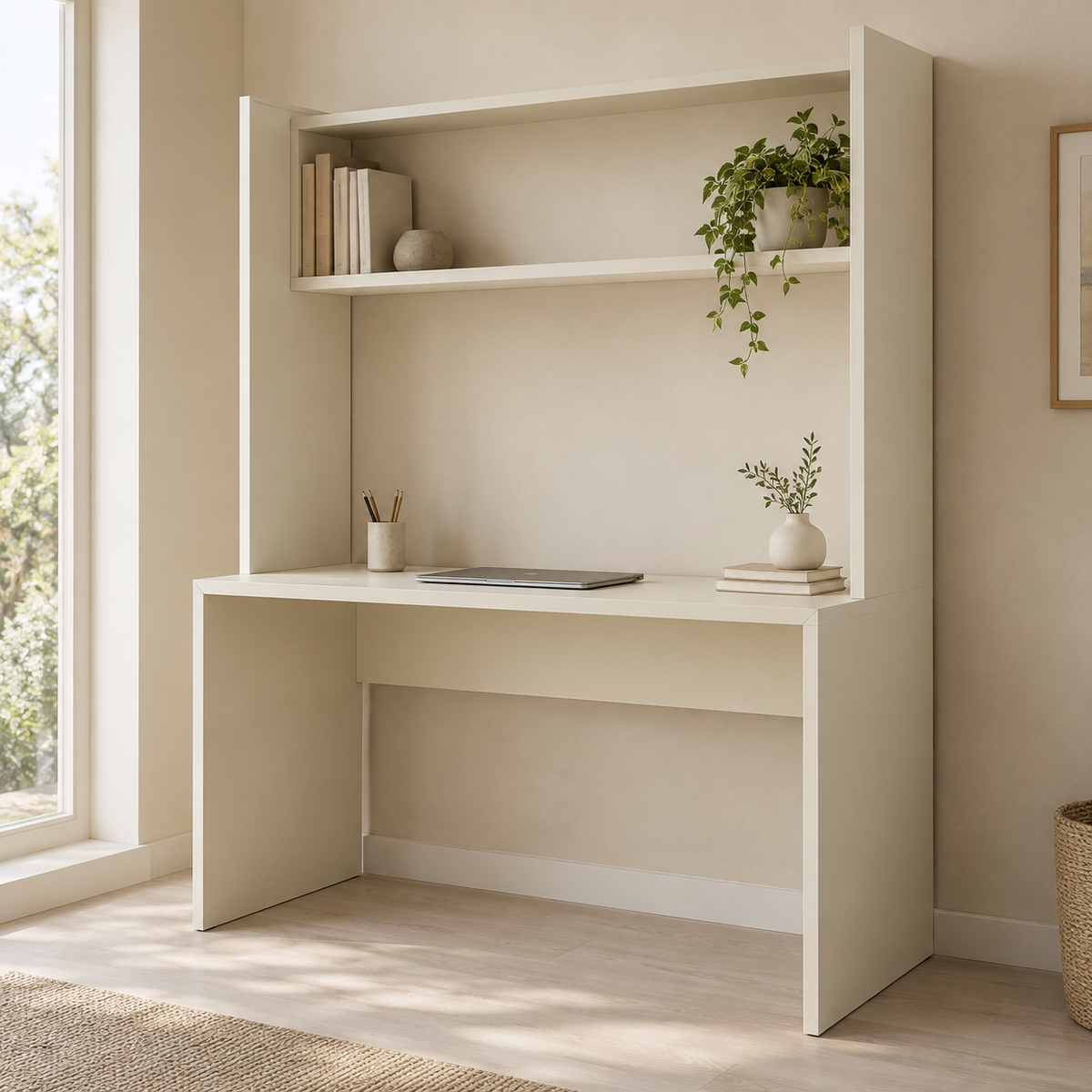 AI design concept: Cream Wall-Box Desk, engineered-panel desk