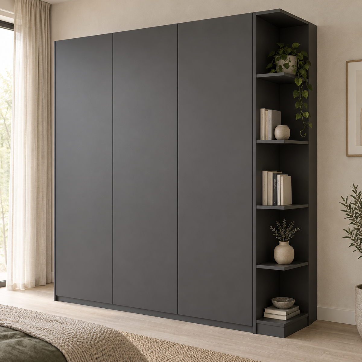 AI design concept: Graphite Shelf-End Wardrobe, engineered-panel wardrobe
