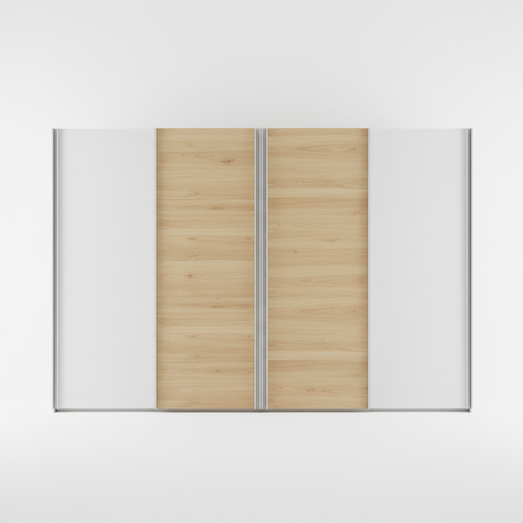 Custom panel wardrobe with sliding doors, white and wood finish