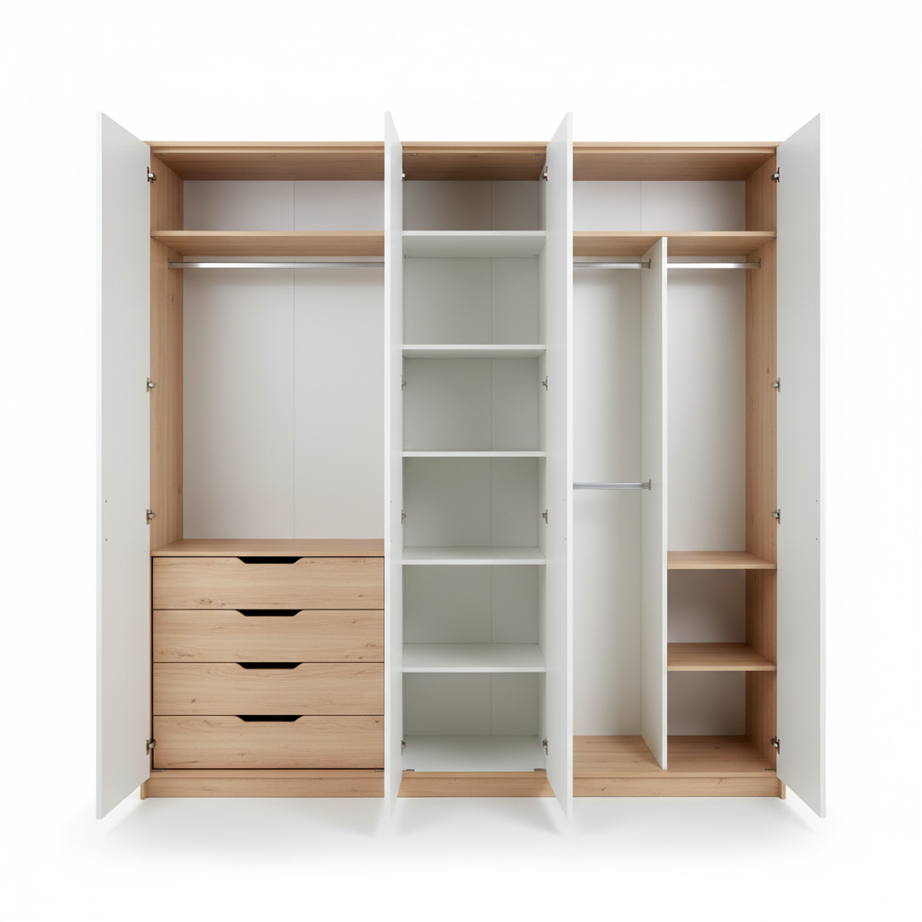 Modern custom panel wardrobe with hanging rail and shelves