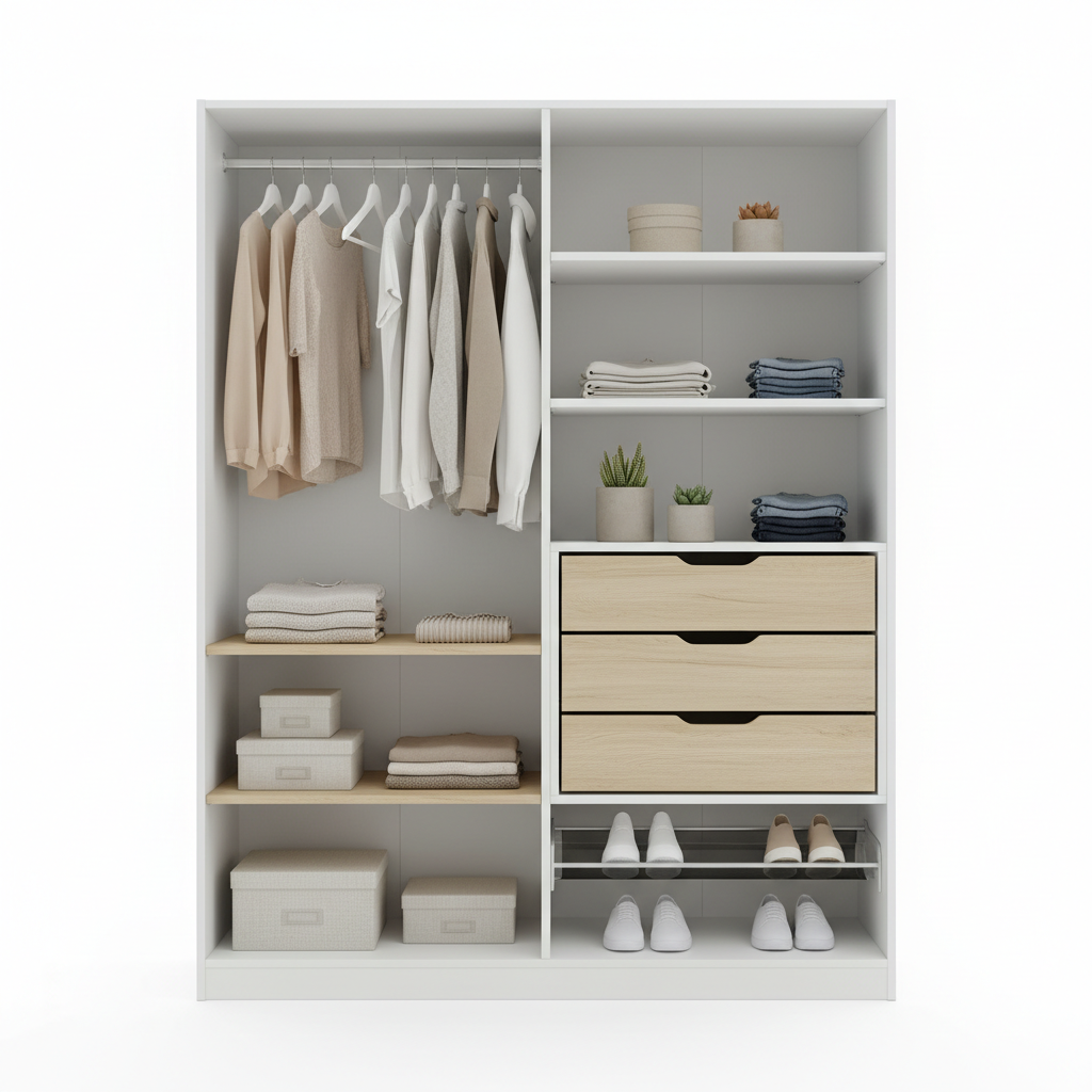 Wardrobe interior with hanging rail, shelves and drawers