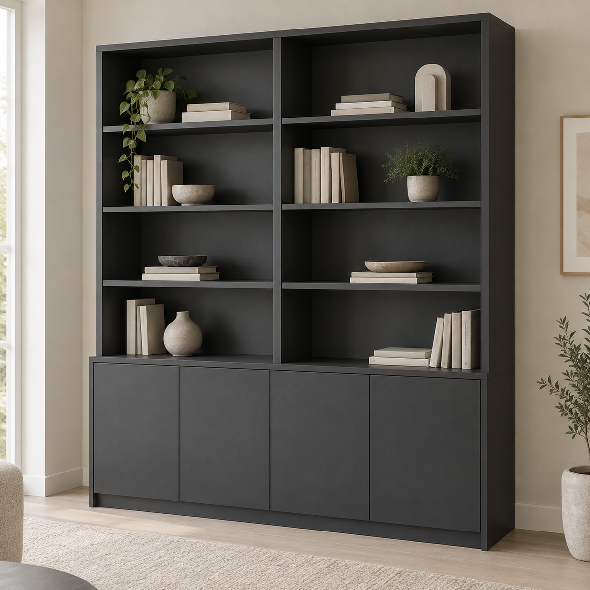 AI design concept: Ink Door-Base Library, engineered-panel bookcase
