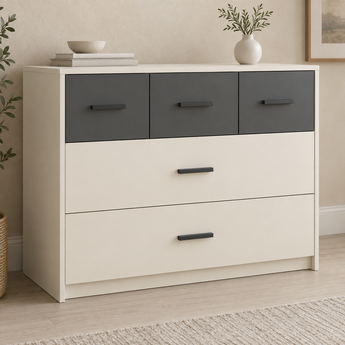 AI design concept: Ivory and Charcoal Drawer Chest, engineered-panel chest of drawers