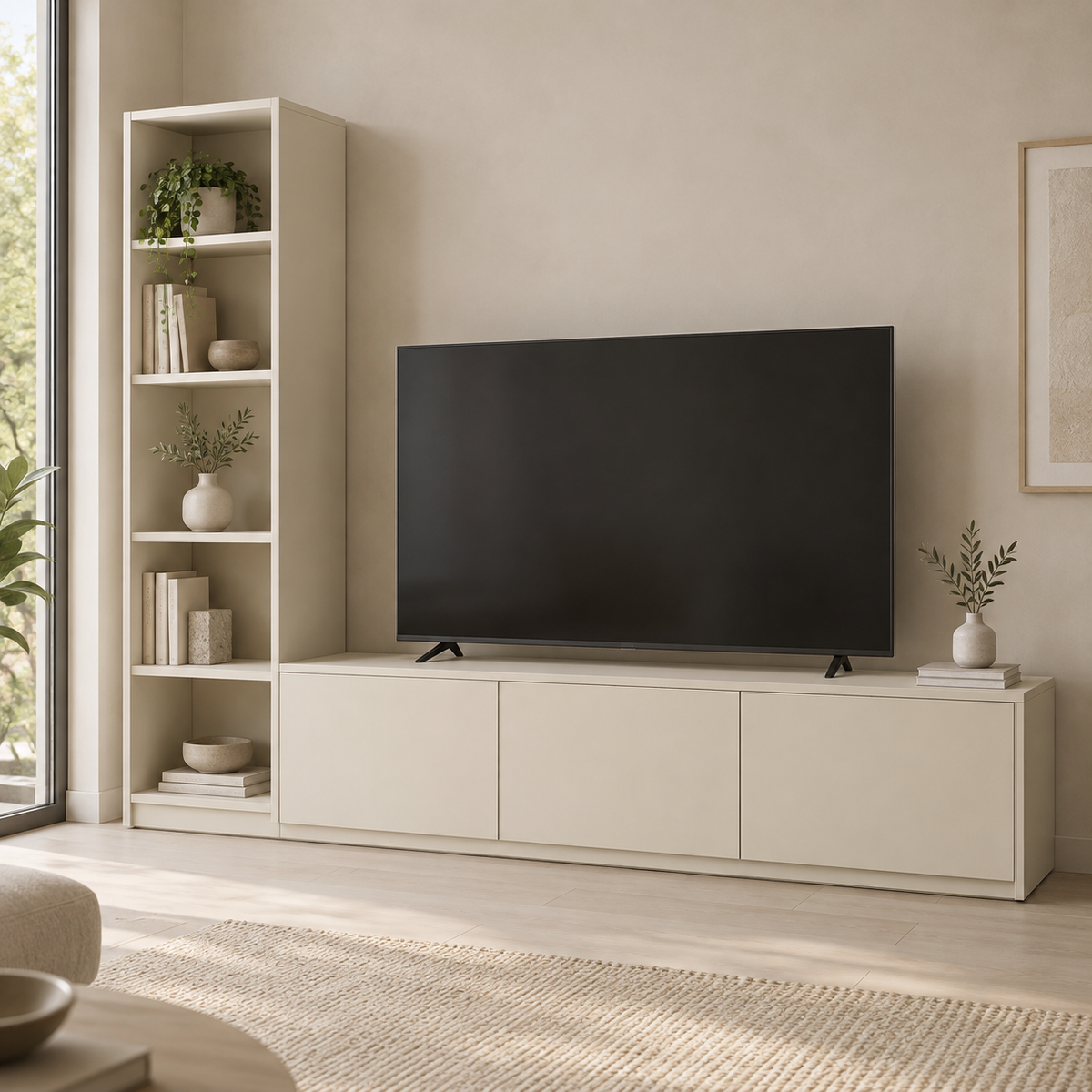 AI design concept: Ivory Asymmetric Media Wall, engineered-panel tv cabinet