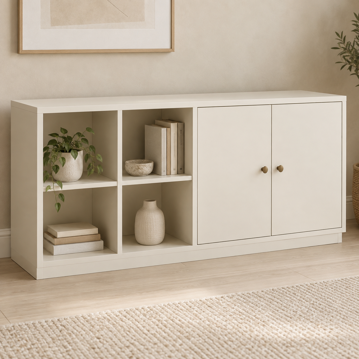 AI design concept: Ivory Cubby Credenza, engineered-panel bookcase
