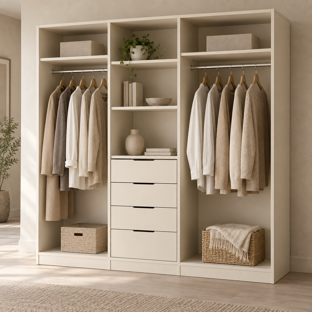 AI design concept: Ivory Open Closet, engineered-panel wardrobe