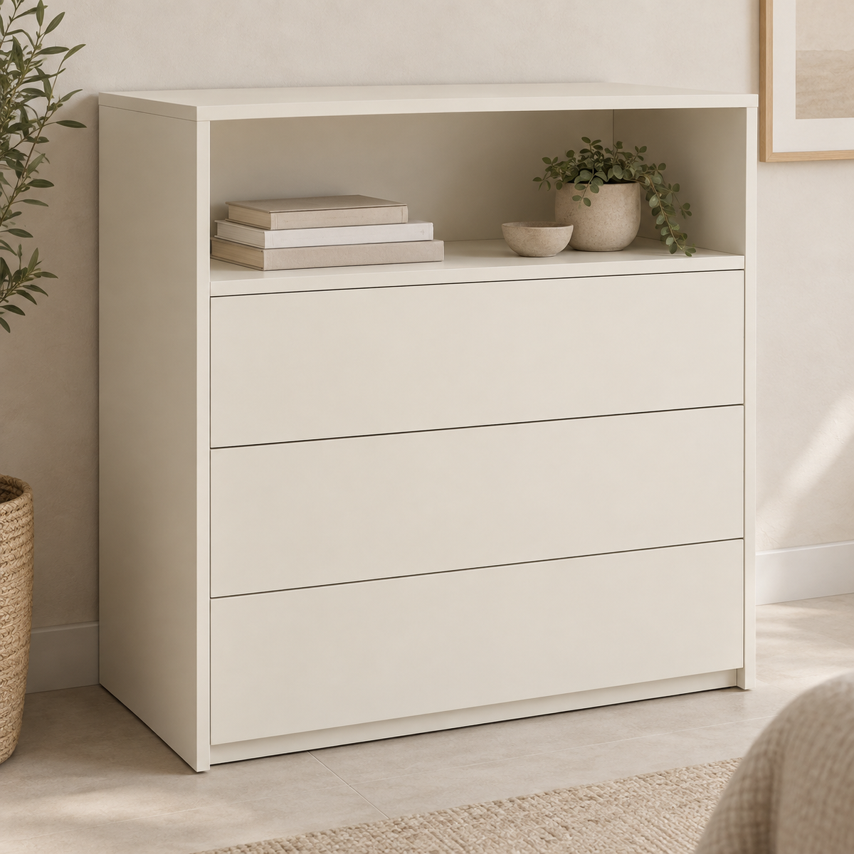 AI design concept: Ivory Open-Shelf Dresser, engineered-panel chest of drawers