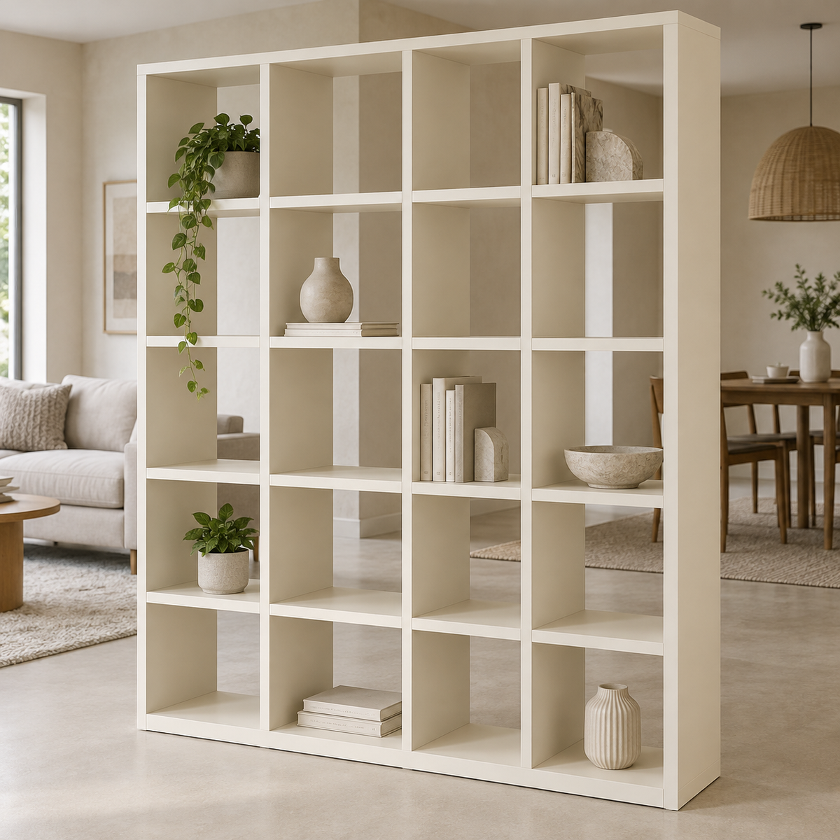 AI design concept: Ivory Room-Divider Bookcase, engineered-panel bookcase