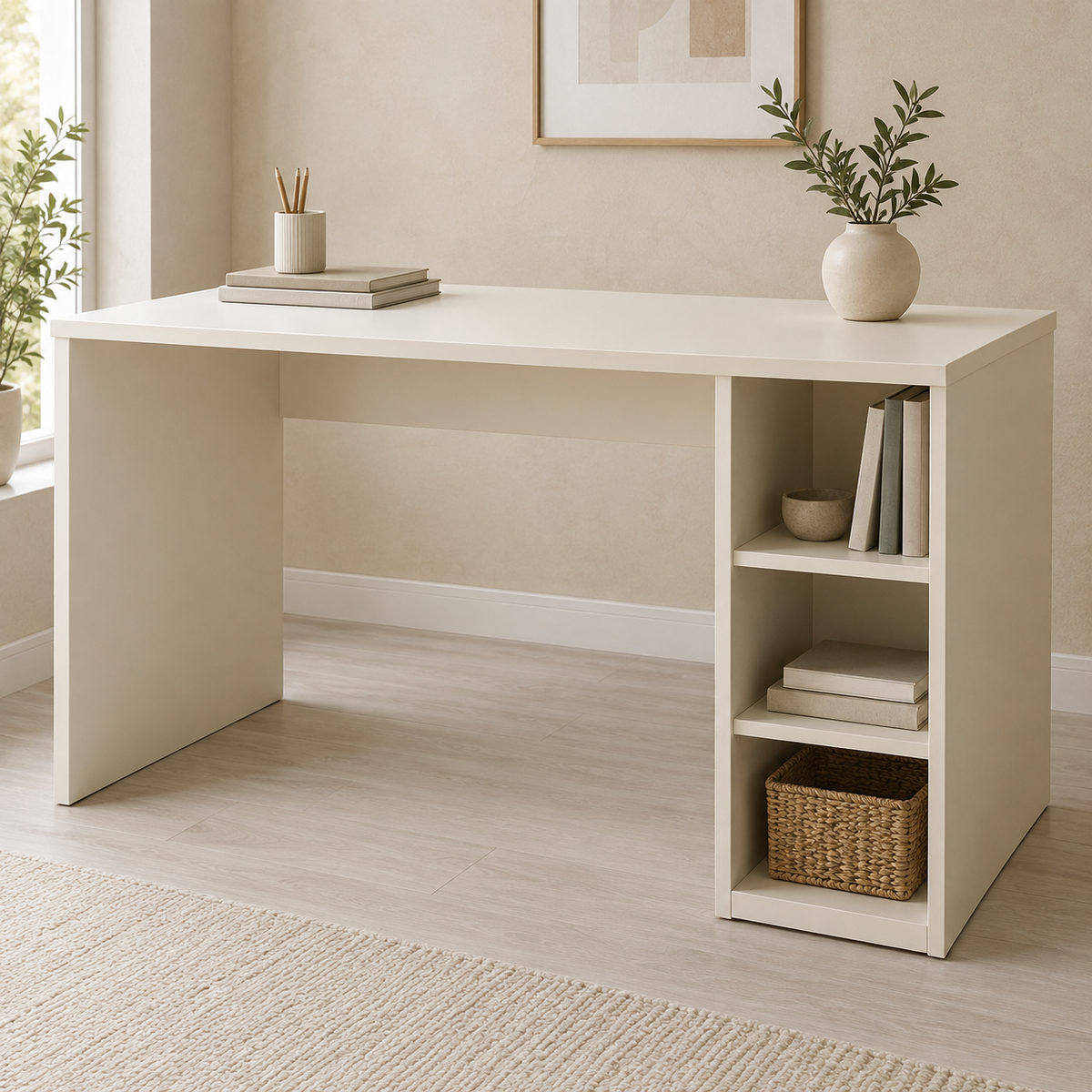 AI design concept: Ivory Shelf-End Desk, engineered-panel desk