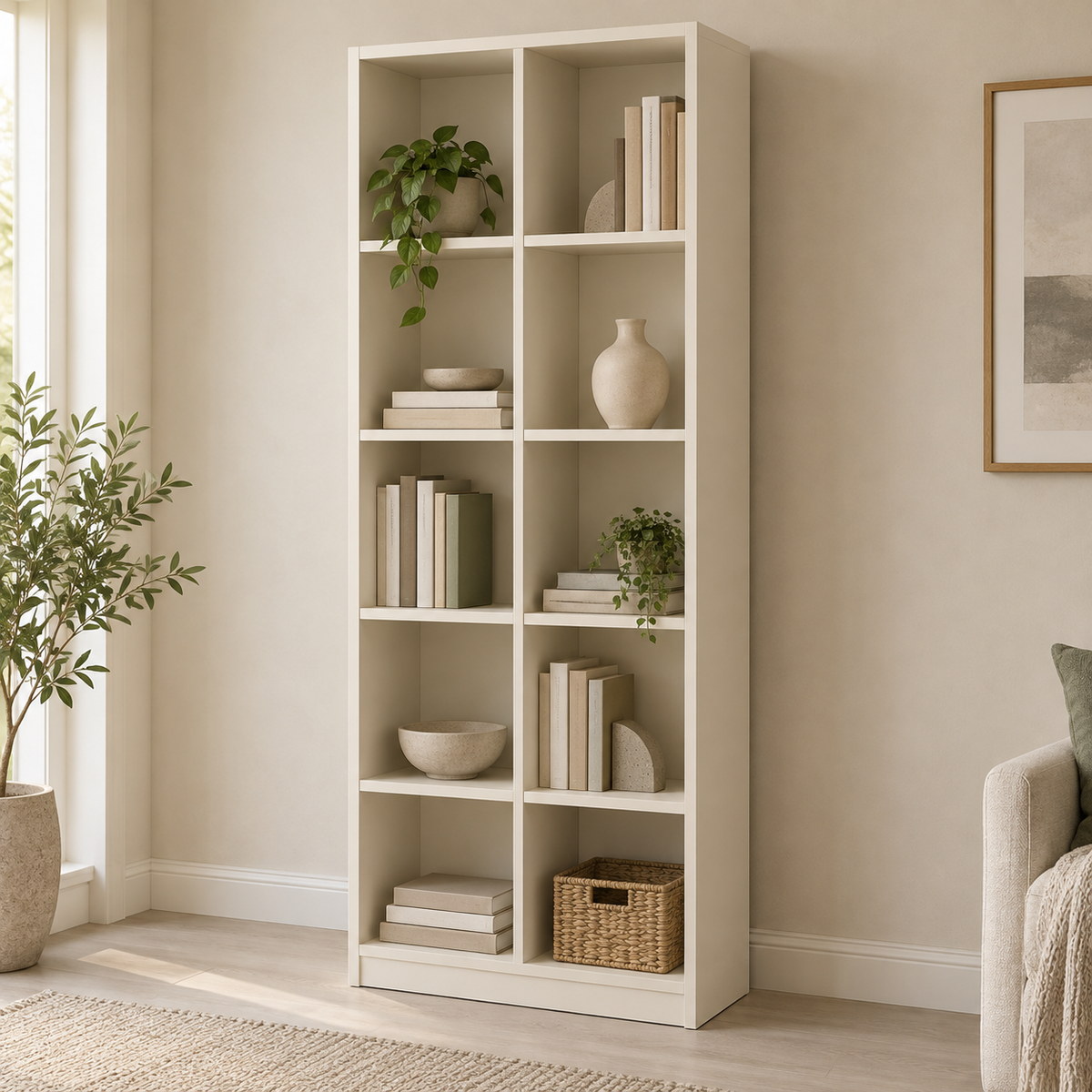 AI design concept: Ivory Tall Ladder-Grid Bookcase, engineered-panel bookcase