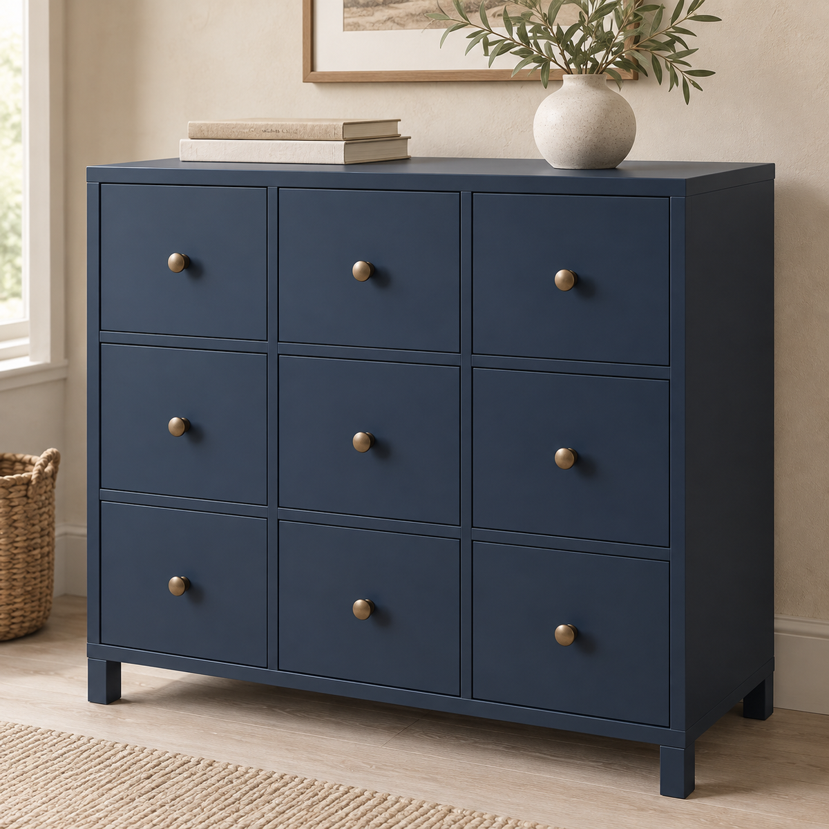 AI design concept: Navy Apothecary Chest, engineered-panel chest of drawers