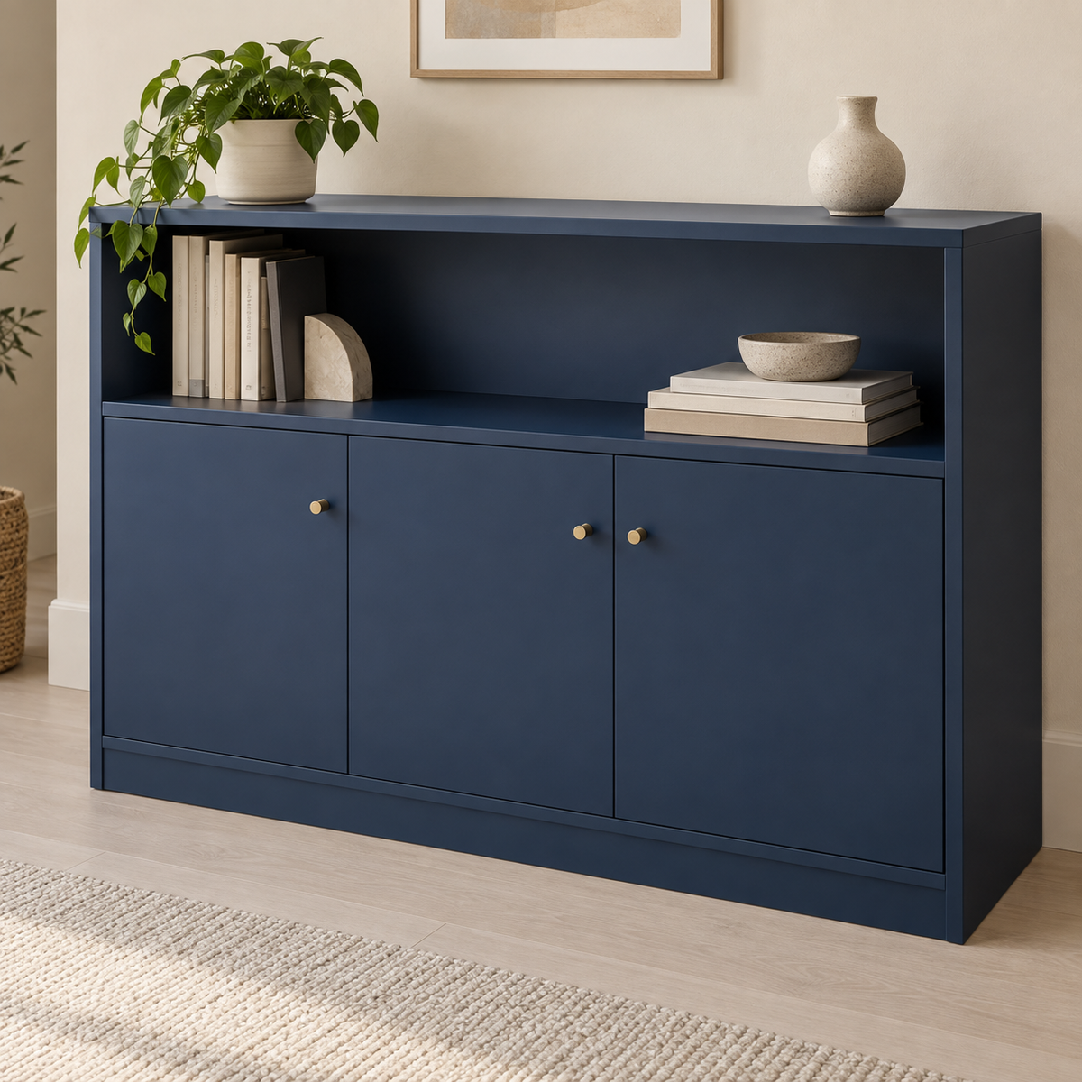 AI design concept: Navy Low Door Bookcase, engineered-panel bookcase
