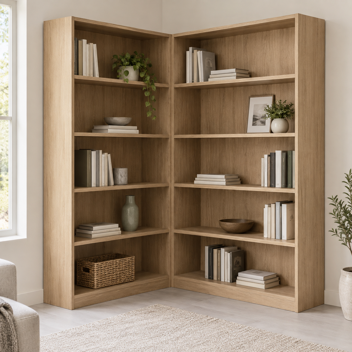 AI design concept: Oak-Look Corner Library, engineered-panel bookcase