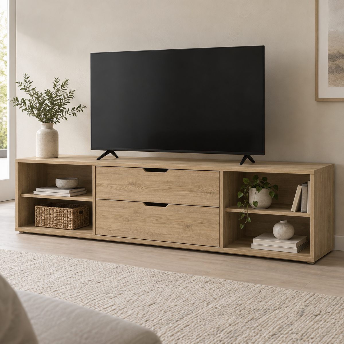 AI design concept: Oak-Look Display Media Console, engineered-panel tv cabinet
