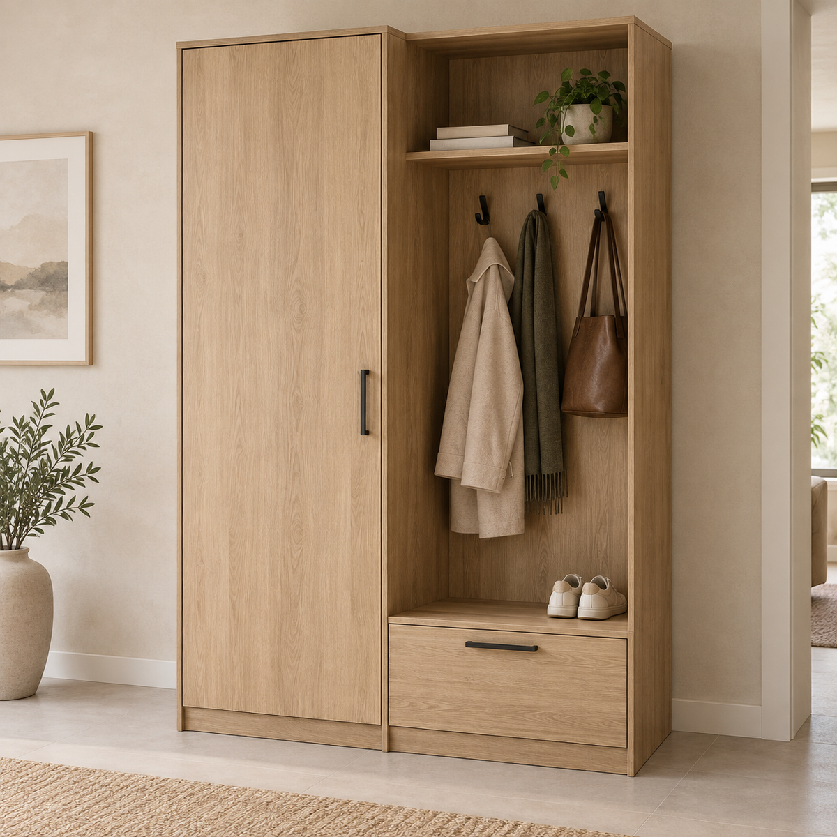 AI design concept: Oak-Look Entry Wardrobe, engineered-panel wardrobe